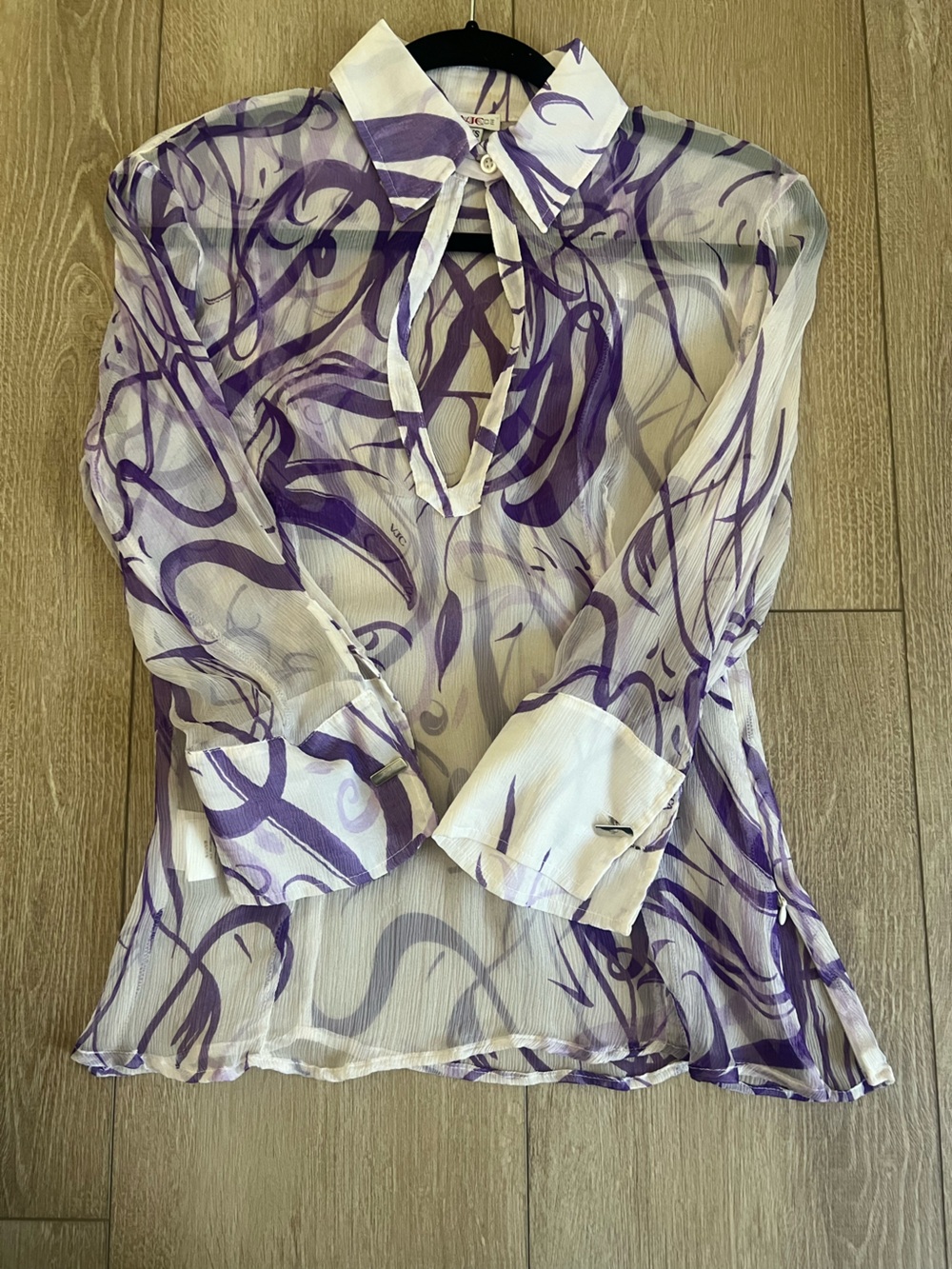 Vintage Versace Jeans Couture Y2K Silk Sheer Lavender & White Keyhole Blouse XS